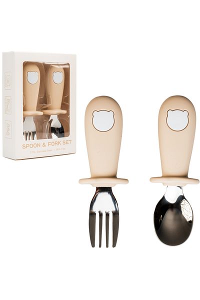 BabySnugg Baby and children's cutlery set, silicone and stainless steel fork and spoon, Cream