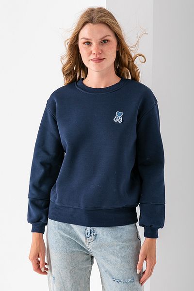GİYSA Women's Crew Neck Stone Teddy Bear Embroidered 3-Strand Sweatshirt Navy Blue - 2625