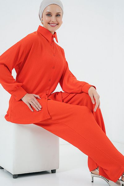 Merterium Women's Knitted Shirt Trousers Double Set Orange 1115