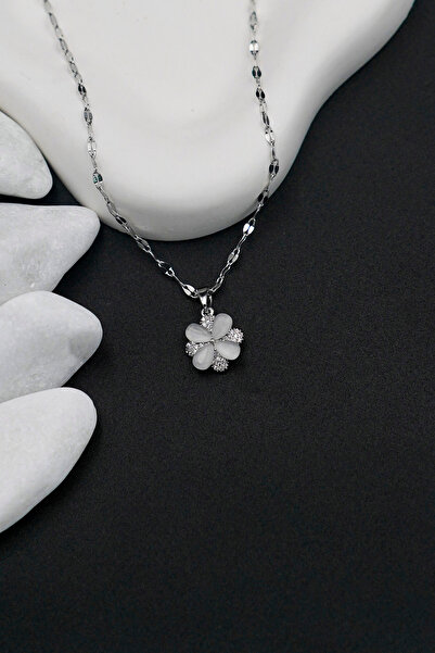 The Collection Flower Figured Zircon Stone Stone Silver Stainless Steel Women's Necklace