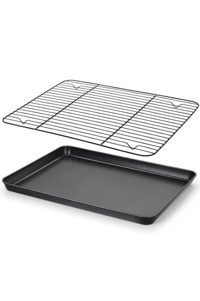 Generic مجموعة صينية خبز غير لاصقة مع رف من إي-فار، صينية خبز بسكويت كبيرة مق...