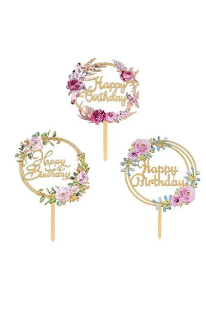 Generic زينة كعكة عيد ميلاد سعيد من الأكريليك على شكل زهور من KASTWAVE، 3 قطع...