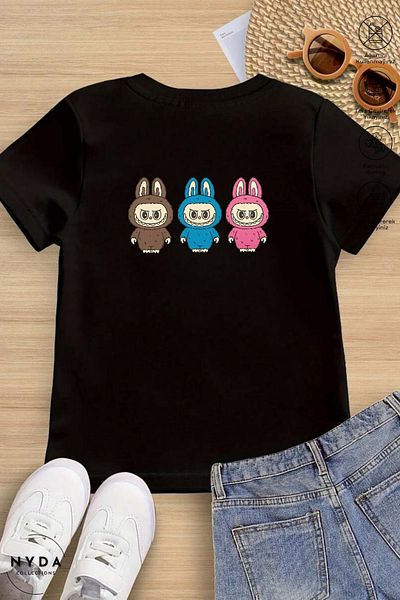 Nyda Collections Children's Crew Neck Labubu Back Printed Cotton Short Sleeve T-Shirt