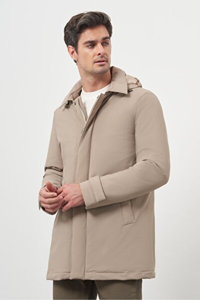 Morven Erkek Bej Poliamit Çıtçıtlı Kapüşonlu Mont