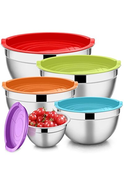 Generic مجموعة أوعية خلط إي-فار مع أغطية من 5 قطع، أوعية خلط من الفولاذ المقا...