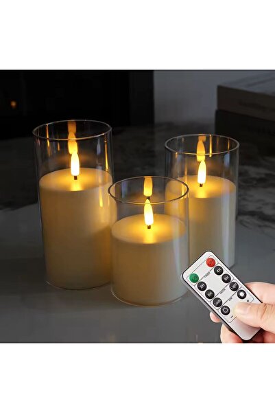 nesever store Dekoratif Kumandalı LED Mum Seti – 3 Parça Akrilik Gövde Pilli Uzaktan Kumandalı Kontrol Sistemli