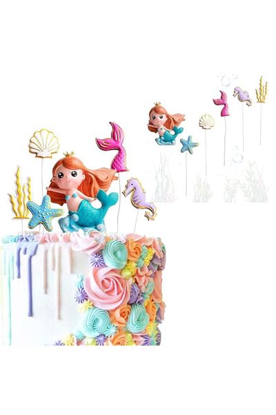 Generic Azonee Cake Topper, 6 Pack Glitter Mermaid Theme Birthday Cake Topper With Seaweed, Cupcake Toppers