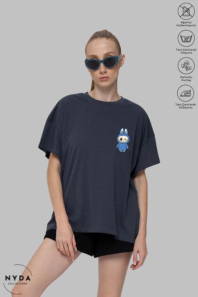 Nyda Collections Unisex Crew Neck Labubu Back Printed Cotton Oversize Short Sleeve T-Shirt