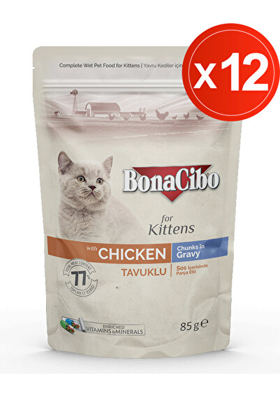 BonaCibo Soslu Tavuklu Pouch Yaş Yavru Kedi Maması, 85 Gr x 12 Adet, Tüm Irkl...