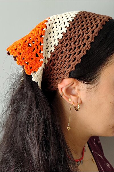 Sena 3 RENKLİ KAHVE - BEJ - TURUNCU EL YAPIMI ÖRGÜ BANDANA
