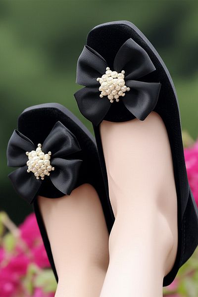 CEYDA SHOES Women's Suede Bow Shoes, Home Shoes, Black Shoes, Fancy Shoes