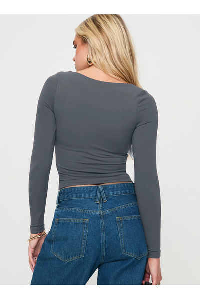 fablair Long Sleeve Front Ruched Square Neck Slim Fit Women Crop Blouse