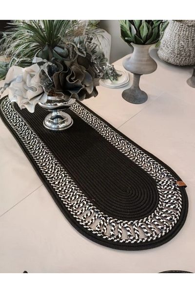 sfb Hand Knitted Jute Runner Oval Stripe Patterned Table Coffee Table Unite Top Decorative Cover Non-Slip Washable