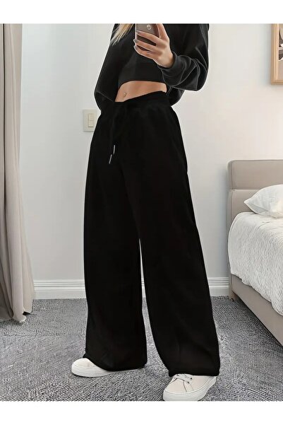 LOSSİA Γυναικείο μαύρο φαρδύ παντελόνι φόρμας μεγάλου μεγέθους, υψηλής ποιότη...