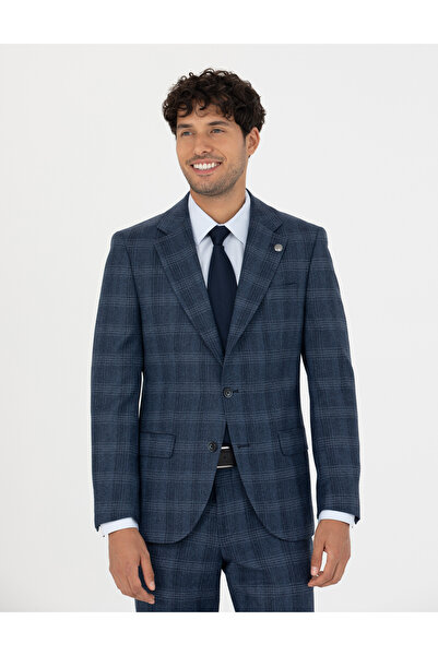 Pierre Cardin %100 Yün Ekose Lacivert Ekstra Slim Fit Takım Elbise 50273458-VR033