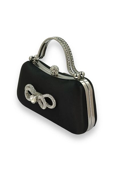 Famels Black Color Satin Evening Dress Bag Crystal Stone Metal Handle Evening Dress Bag