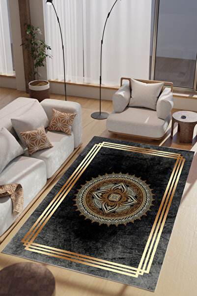 Charmbi Gold Lotus Desenli Makinede Yıkanabilir Salon Halısı Yatak Odası Halı...