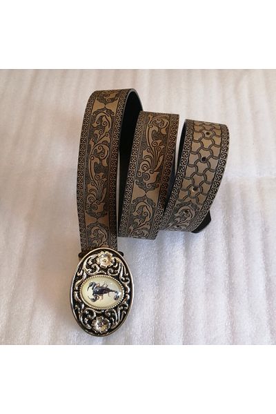 Butik Tülin Unisex Authentic Faux Leather Beige Flower Printed Gold Floral Scorpion Stone Cowboy Buckle Belt