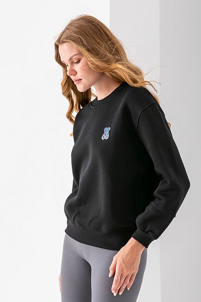 GİYSA Women's Crew Neck Stone Teddy Bear Embroidered 3-Strand Sweatshirt Black - 2625
