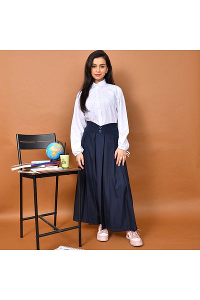 HAWRAA تنورة مدرسية بقصة خصر عالي مزين بأزرار وكسرات عريضة مع جيوب مخفية (كحلي)