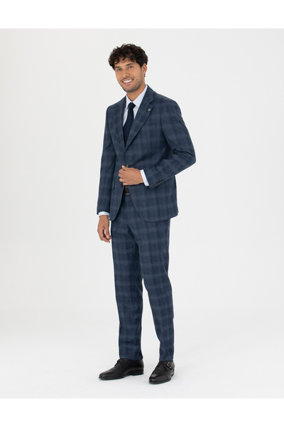 Pierre Cardin %100 Yün Ekose Lacivert Ekstra Slim Fit Takım Elbise 50273458-VR033