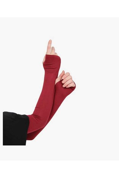 BİGÜMEX Practical Hijab Sleeve with Finger Hole Combed Cotton Prayer Sleeve Plain Claret Red