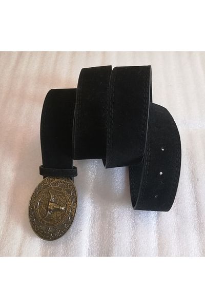 Butik Tülin Unisex Authentic Faux Leather Suede Black Bronze Pattern Bull Head Cowboy Buckle Belt