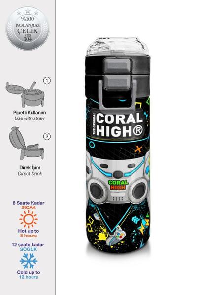 Coral High Kids Siyah Fosforlu Yeşil Gamer Desenli Pipetli ve Direkt İçim Çel...