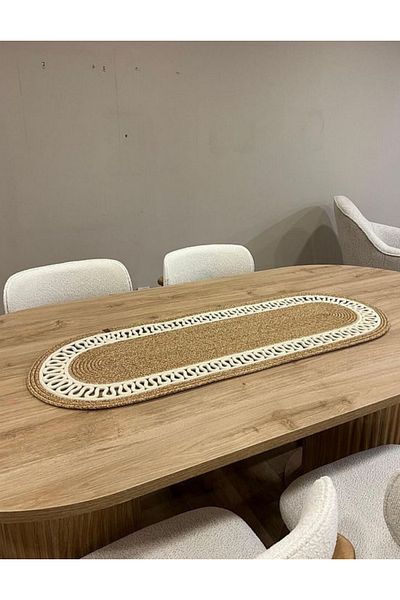 sfb Hand Knitted Jute Runner Oval Stripe Patterned Table Coffee Table Unite Top Decorative Cover Non-Slip Washable