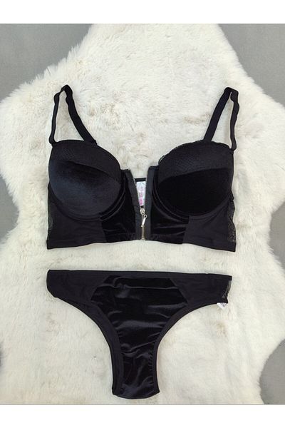 Love Angels - Economical Front Opening Zippered Velvet Fabric Soft Padded Bra - Underwear Set