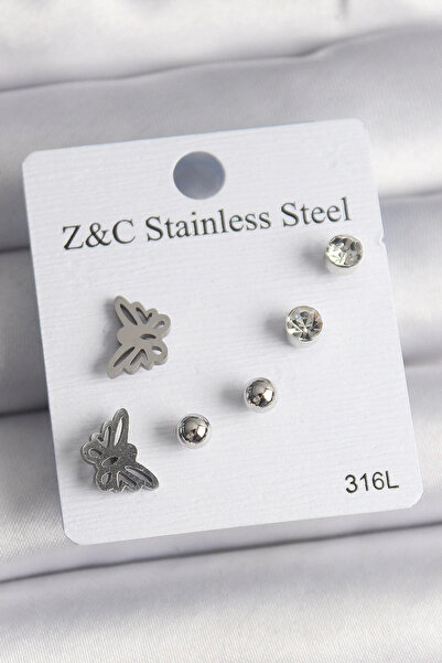 Epilons مجموعة أقراط نسائية من حجر الزركون الفضي اللون من الفولاذ Bfs 316L