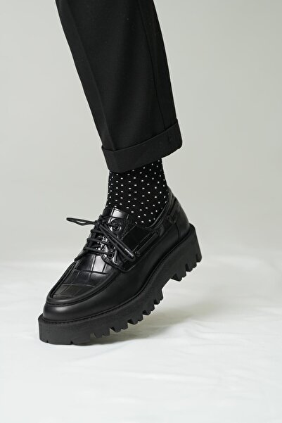 TETRİ Garden Model Hakiki Deri El Yapımı Siyah Kroko Casual Ayakkabı