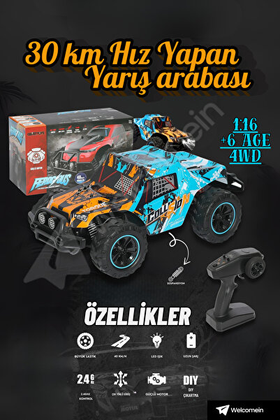 welcomein 40 km/h Hızlı 1:16 4WD RC Ralli Off-Road Araba LED Işıklı Güçlü Mot...