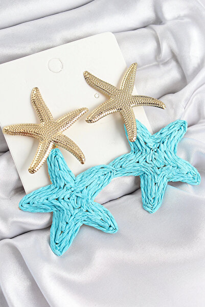 Belle Fusion Bfs Brass Dangle Turquoise Sea Star Model Gold Color Straw Earrings