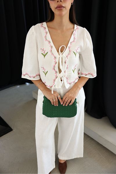 Özge Özgenç Floral Embroidered Tie Front Blouse