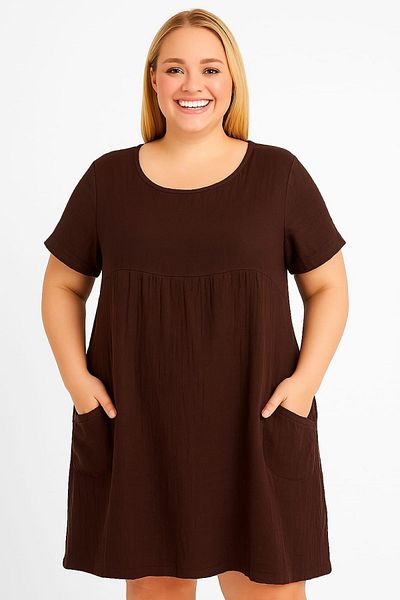 enmodaiçgiyim Plus Size 100% Cotton Muslin Fabric Dark Brown Knee-Length Women's Dress – Side Pockets, Comfortable Fit