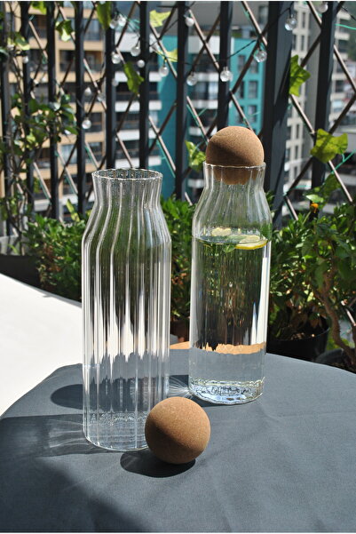 Qualitev Top Mantar Kapaklı Cam Su Şişesi Sürahi Karaf 1080 Ml- 2 Adet