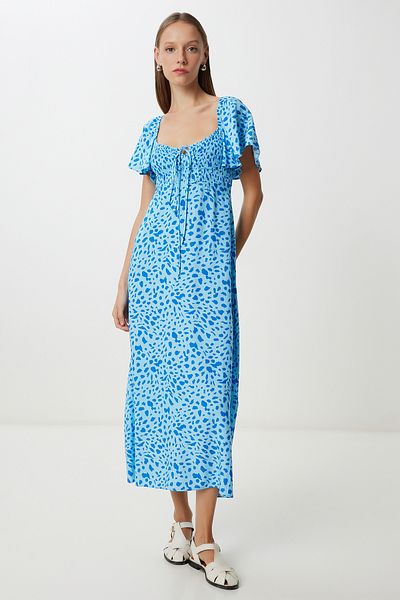 Lovelyİstanbul Patterned Summer Viscose Dress Lfg0128 Sky Blue