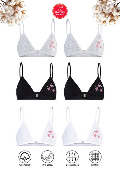 ÖZKAN underwear Özkan 0872 6 Pack Girls' Cotton Padless Cupless Heart Patterned Training Bra Mixed Color Bü