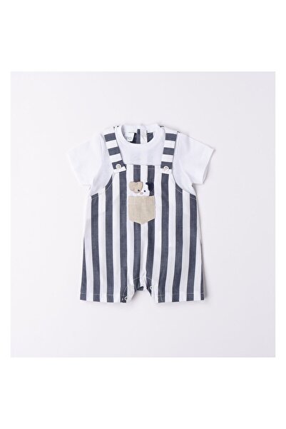 İDO Short Baby Boy Romper with Striped Print, I Do, 4.6620, White/Navy, 62-68 cm