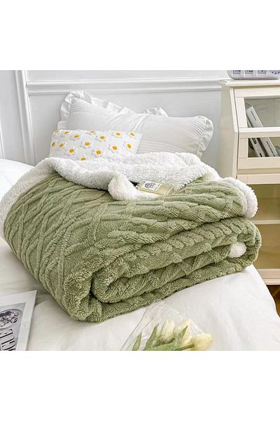 OEM Cocolino Thick Blanket + 2 Pillowcases, With Fur, 200x230cm, Knitted Type, Green