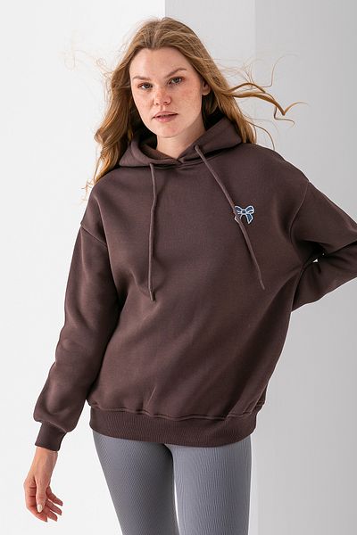 GİYSA Women's Hooded Stone Bow Embroidered 3-Strand Sweatshirt Brown - 2623