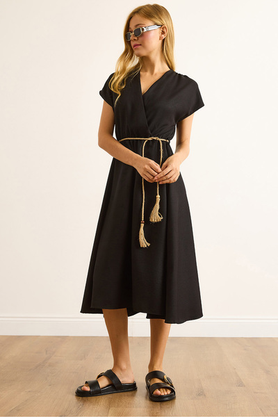 Olalook Women's Black Straw Lace Bat Waist Elastic Dress Elb-19002486