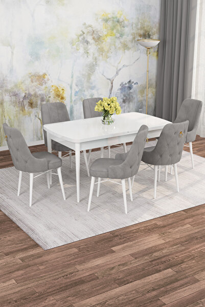 SHOOVVEL Mona Beyaz 80x132 Açılabilir Mdf Masa Yemek Odası Takımı, Mutfak Takımı 6 Adet Sandalye