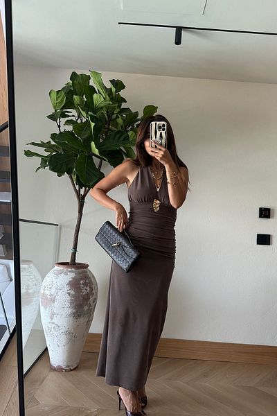 Özge Özgenç Halter Neck Backless Slit Dress