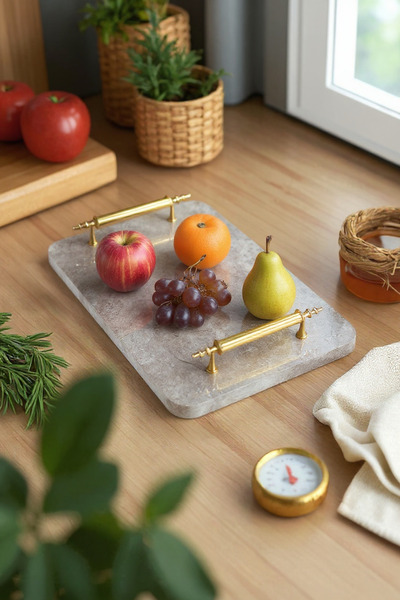 parlakcam صينية تقديم من الرخام الأبيض مع مقبض ذهبي، صينية تقديم فاخرة مستطيلة الشكل