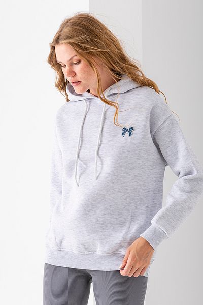GİYSA Women's Hooded Stone Bow Embroidered 3-Strand Sweatshirt Gray - 2623