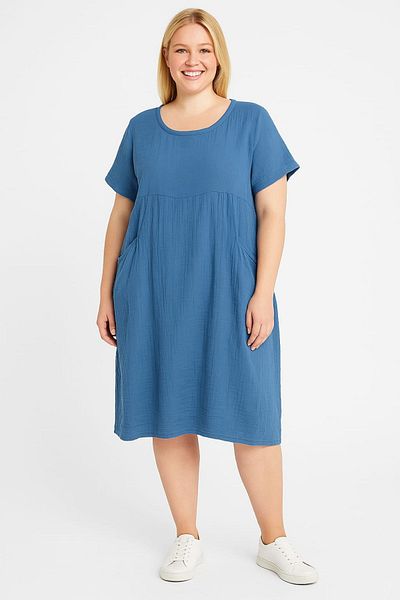 enmodaiçgiyim Plus Size 100% Cotton Muslin Fabric Blue Knee-Length Women's Dress – Side Pockets, Comfortable Fit Summer