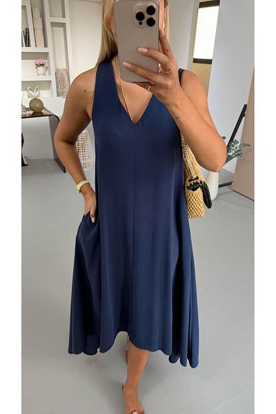Sezgi Tekin V-Neck Navy Blue Modal Asymmetrical Dress