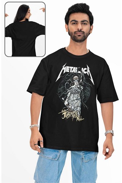 Fuddy Moda Unisex and Justice for All Written T-Shirt, Oversize Metallica Printed Crew Neck T-Shirt